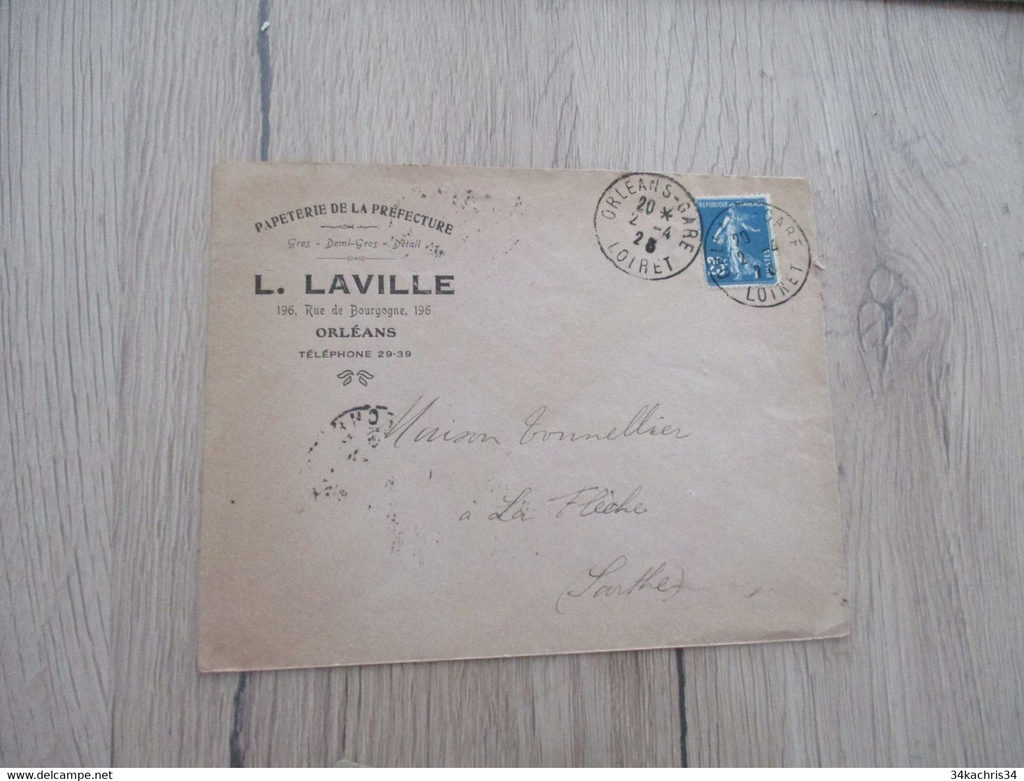 Enveloppe Publicité L.Laville Orléans Papeterie De La Préfecture 1923 - Imprimerie & Papeterie
