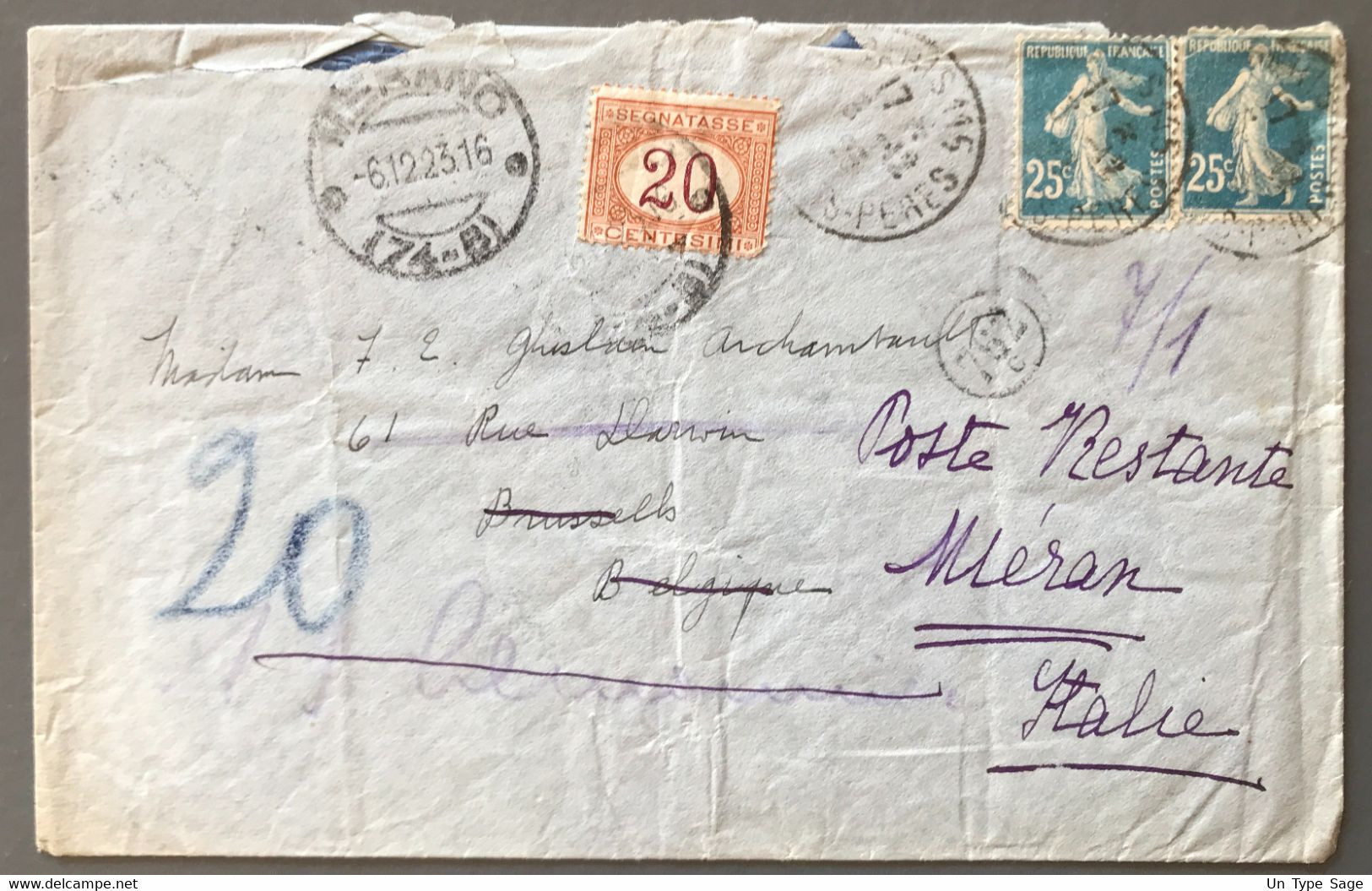 France N°140 (x2) Sur Enveloppe Pour Bruxelles, Belgique Réexpédiée à Mérano, Italie (Taxe) 1923 - (W1719) - 1859-1959 Storia Postale