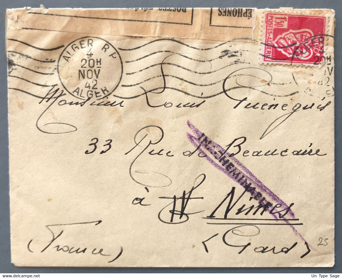 Algérie, Griffe INACHEMINABLE Sur Enveloppe D'Alger 4.11.1942 Pour Nimes - (W1724) - Cartas & Documentos