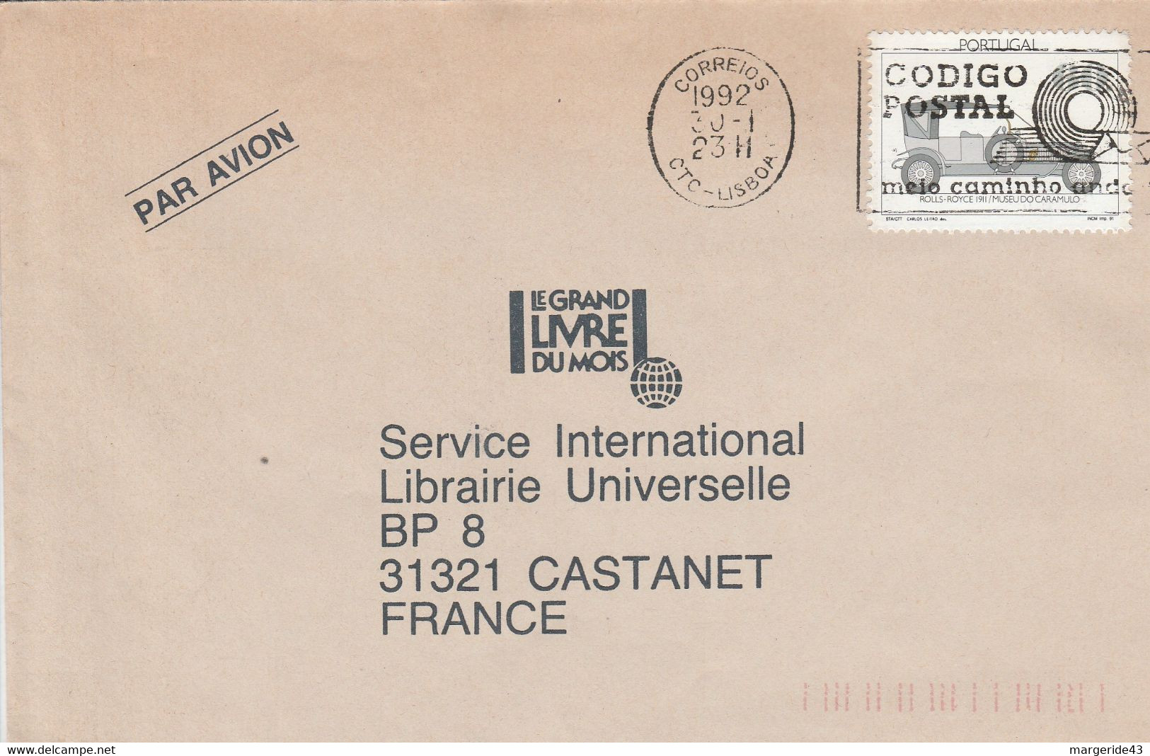 PORTUGAL SEUL SUR LETTRE POUR LA FRANCE 1992 - Briefe U. Dokumente