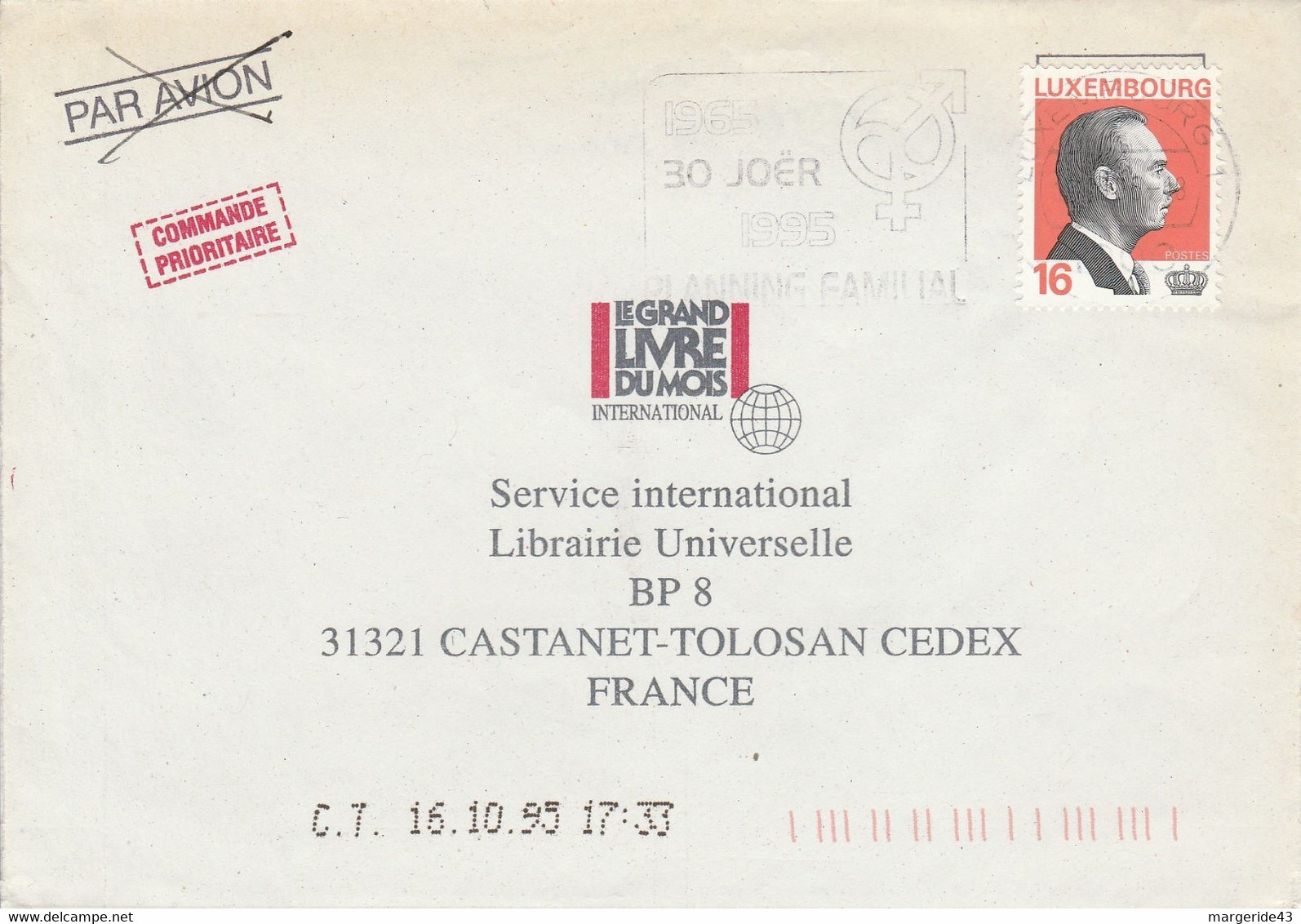 LUXEMBOURG SEUL SUR LETTRE POUR LA FRANCE 1995 - Briefe U. Dokumente