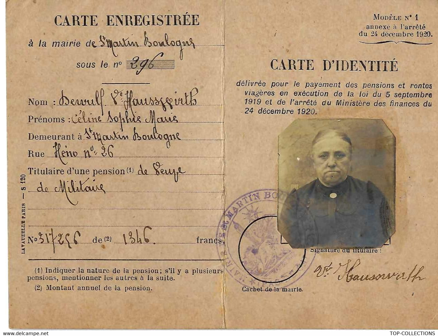 1922 Carte D Identité Celine DEWULF Vve HAUSSEWIRTH - St Martin Boulogne – (Pas D Calais) - Sammlungen