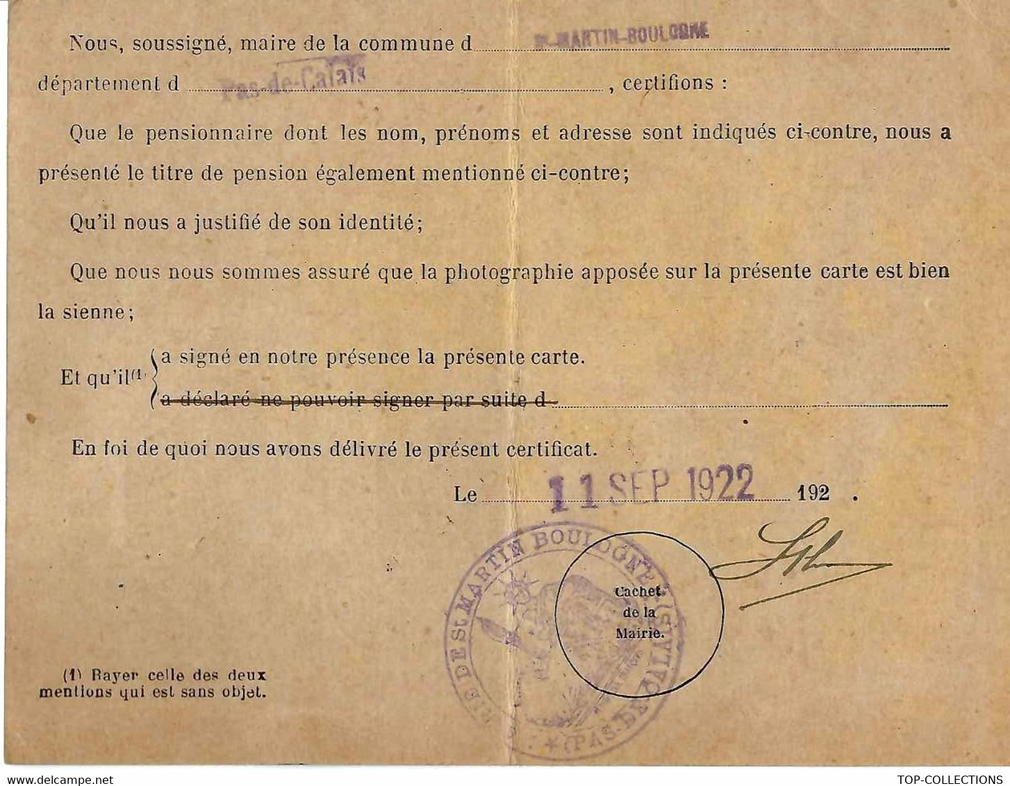 1922 Carte D Identité Celine DEWULF Vve HAUSSEWIRTH - St Martin Boulogne – (Pas D Calais) - Collezioni