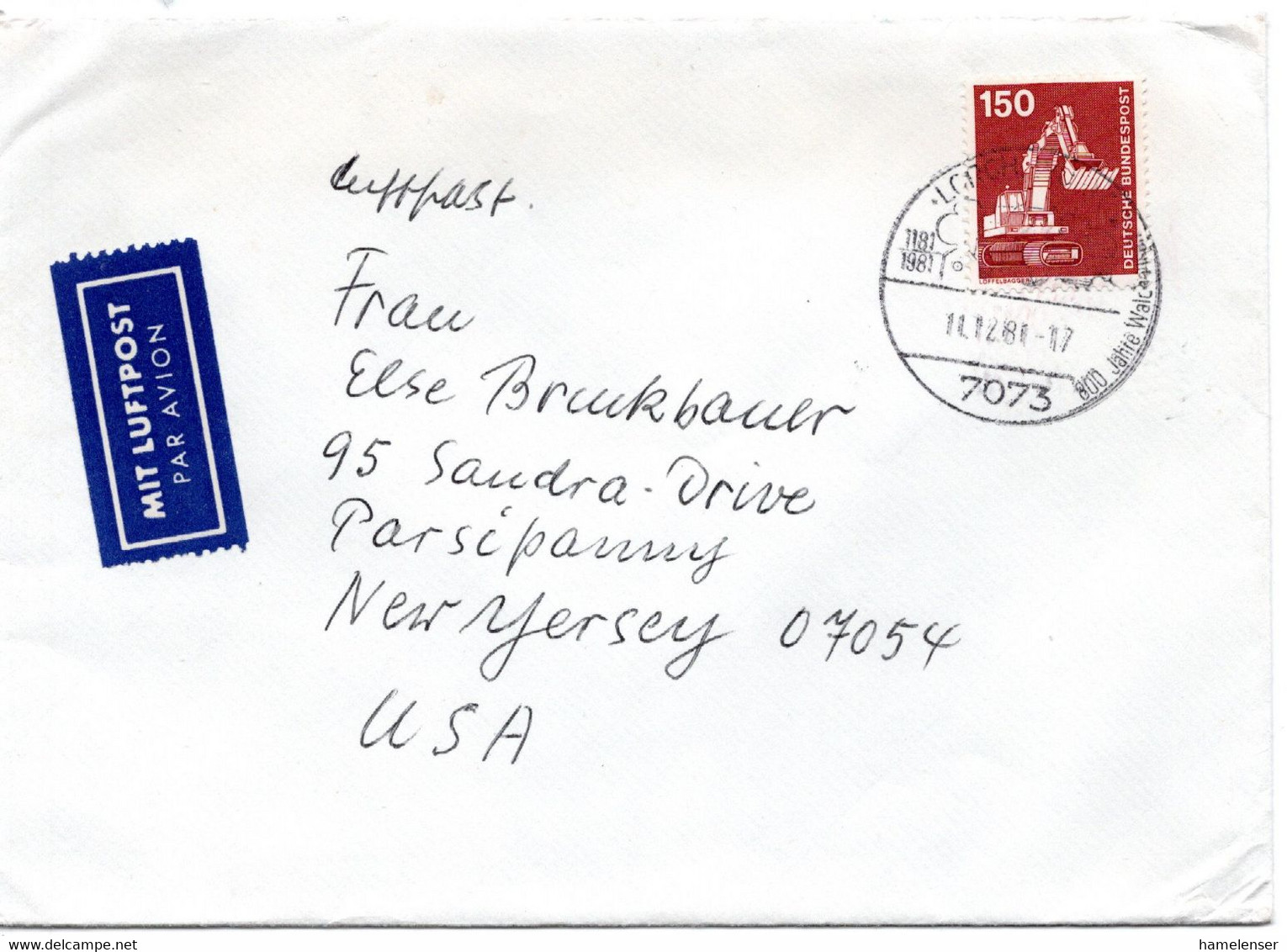 58532 - Bund - 1981 - 150Pfg I&T EF A LpBf LORCH -> Parsipanny, NJ (USA) - Briefe U. Dokumente