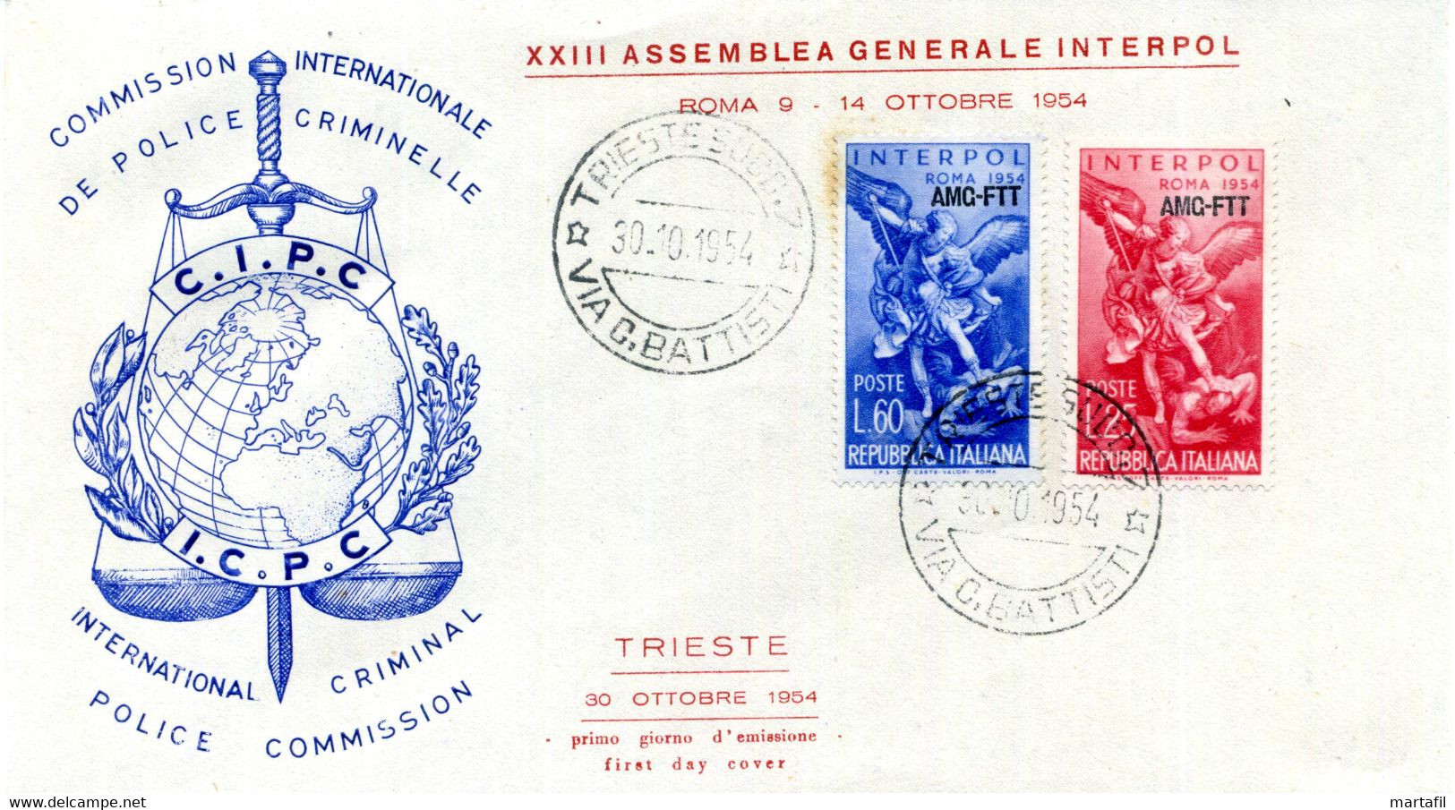 1952 Trieste A AMG-FTT FDC XXIII Assemblea Generale Interpol International Criminal Police Commission - Marcophilie