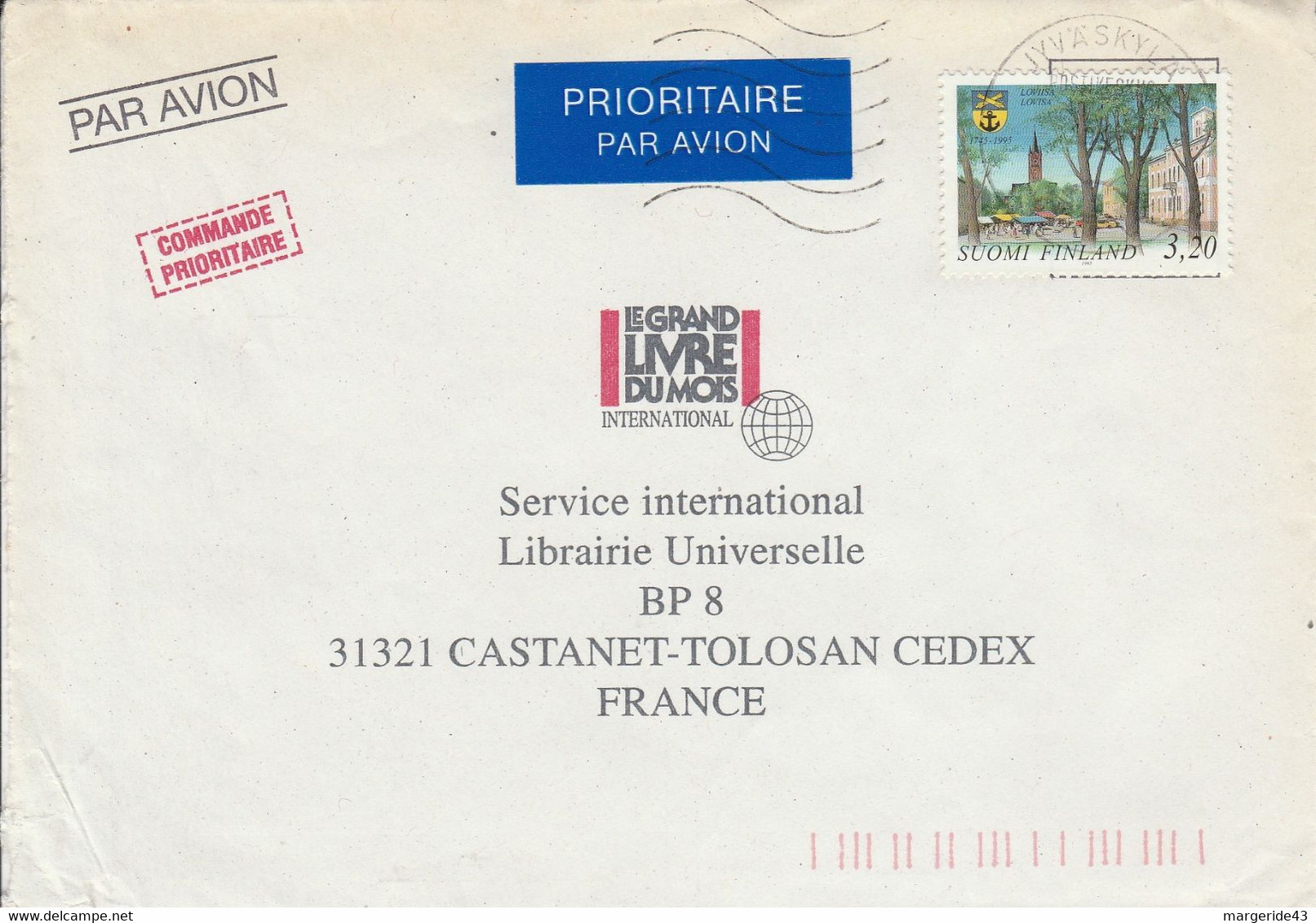 FINLANDE SEUL SUR LETTRE POUR LA FRANCE 1995 - Briefe U. Dokumente