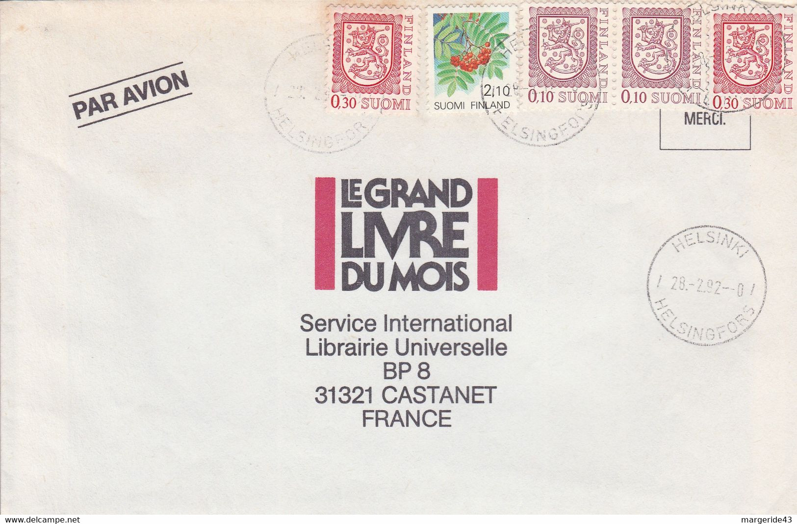 FINLANDE AFFRANCHISSEMENT COMPOSE SUR LETTRE POUR LA FRANCE 1992 - Covers & Documents