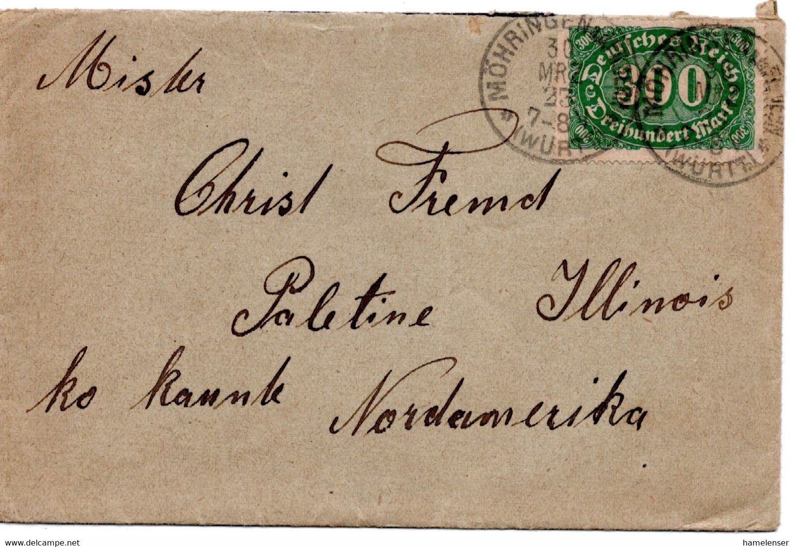 58542 - Deutsches Reich - 1923 - 300M EF A Bf MOEHRINGEN -> PALATINE, IL (USA) - Storia Postale