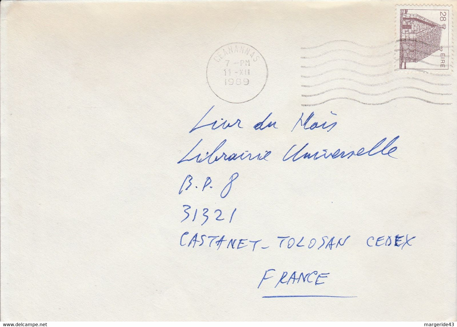 IRLANDE SEUL SUR LETTRE POUR LA FRANCE 1989 - Briefe U. Dokumente