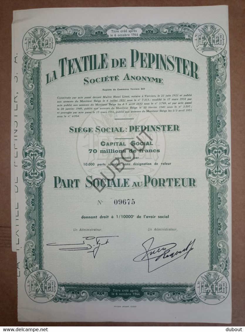 PEPINSTER - Fabrique De Textile: La Textile De Pepinster S.A.- Titre - 1951 (V1147B) - Textiel