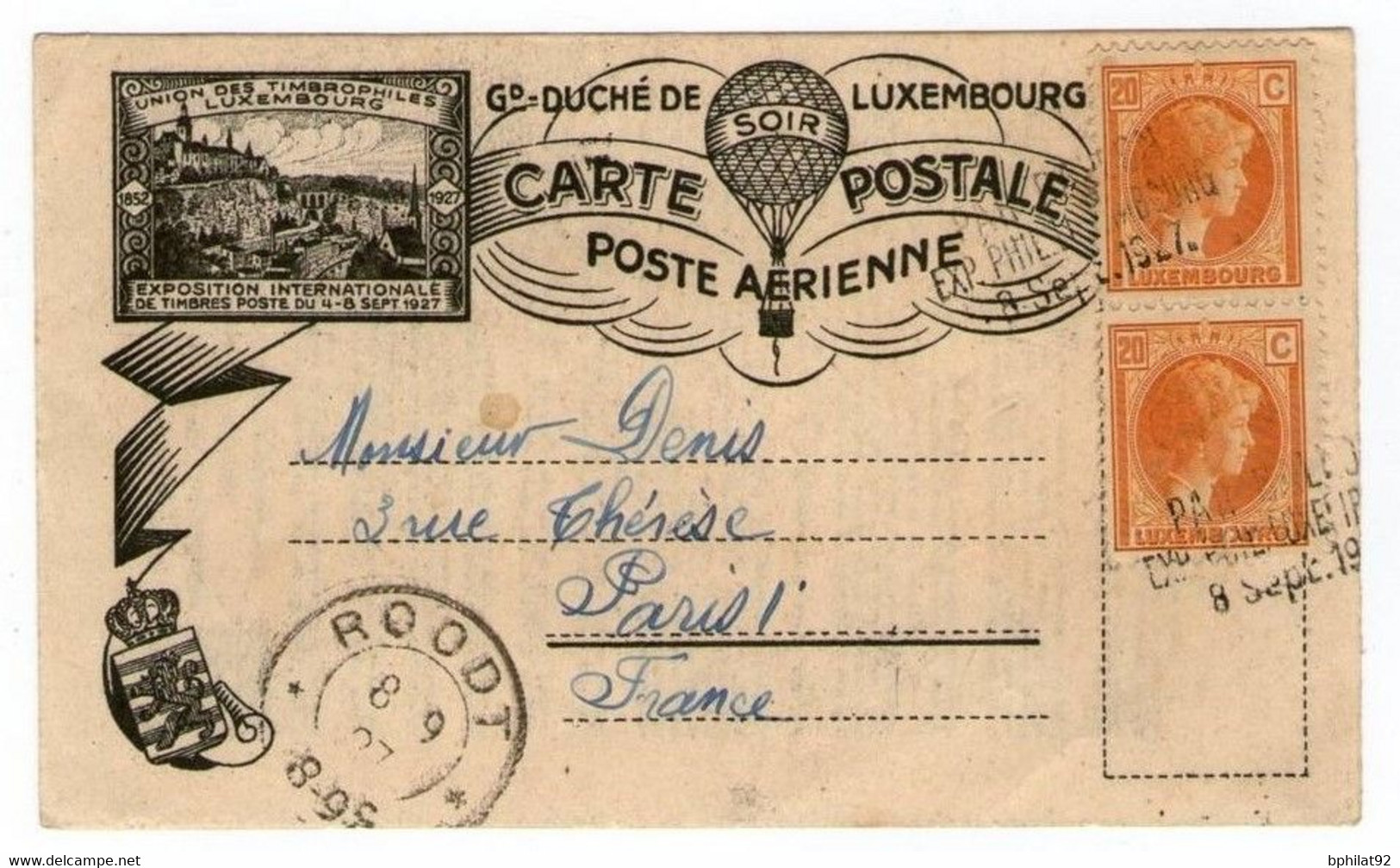 !!! CARTE POSTALE DE POSTE AERIENNE EXPO INTERNATIONALE DE 1927 GRAND DUCHE DE LUXEMBOURG - Briefe U. Dokumente