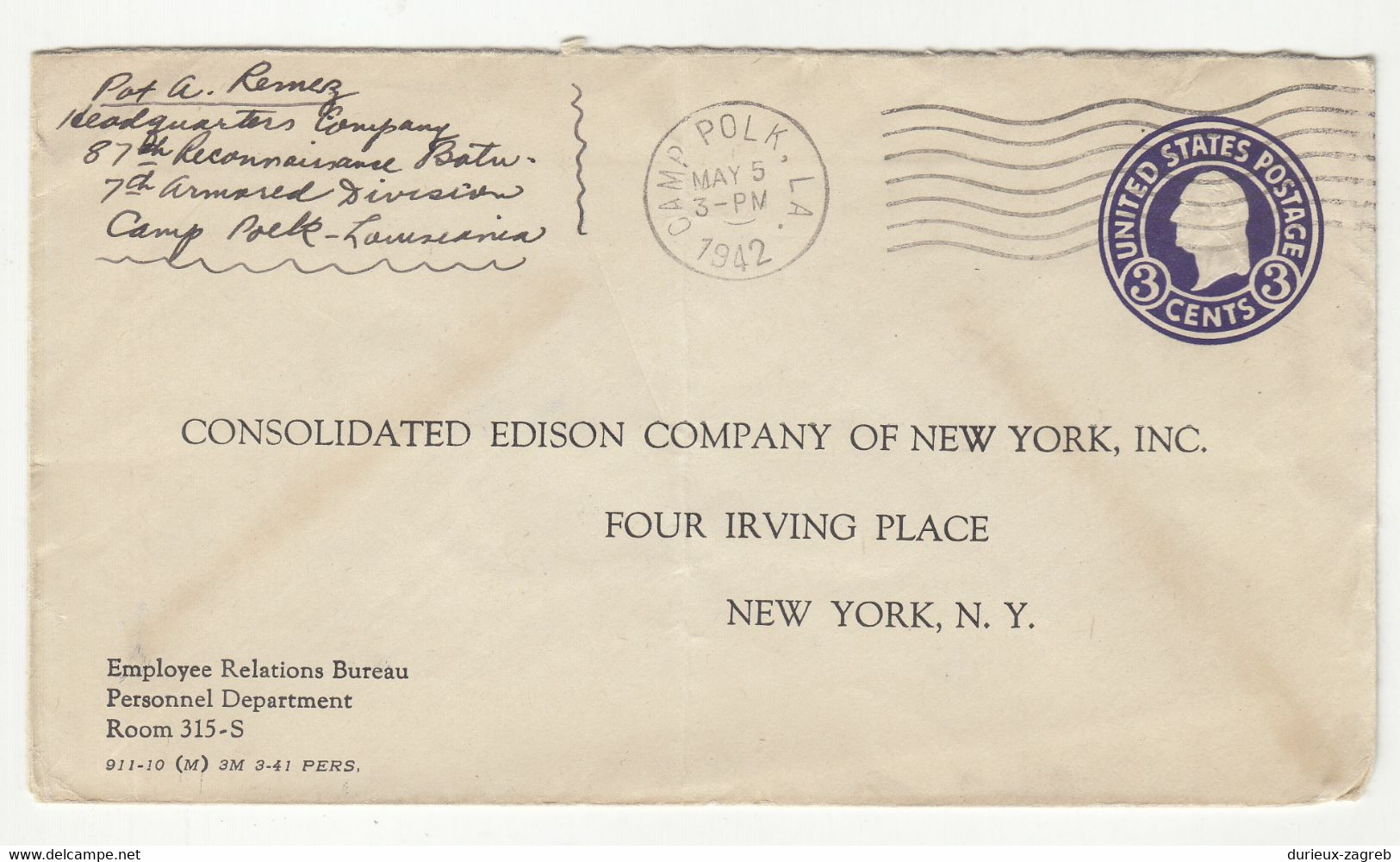 Consolidated Edison Company Of NY Preprinted Postal Stationery Reply Cover Posted 1942 Camp Polk. LA. B220425 - 1941-60