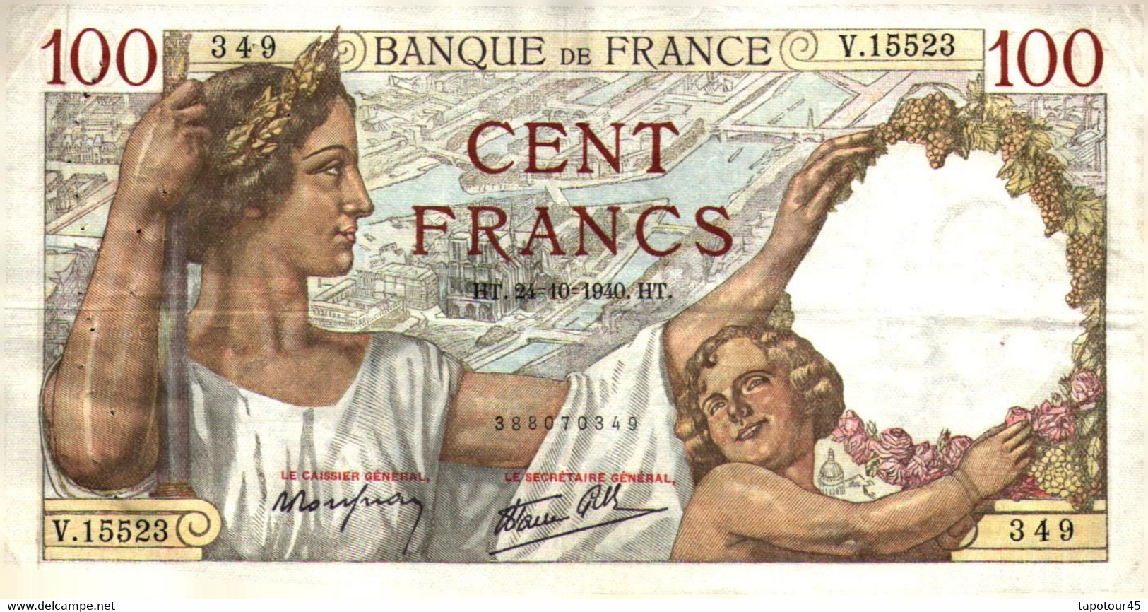Billets  > France 100 Francs  >   ''Sully  1940"    >  5 Billets  (peux Servis) Voir Les Numéros Ci-dessous - 100 F 1939-1942 ''Sully''