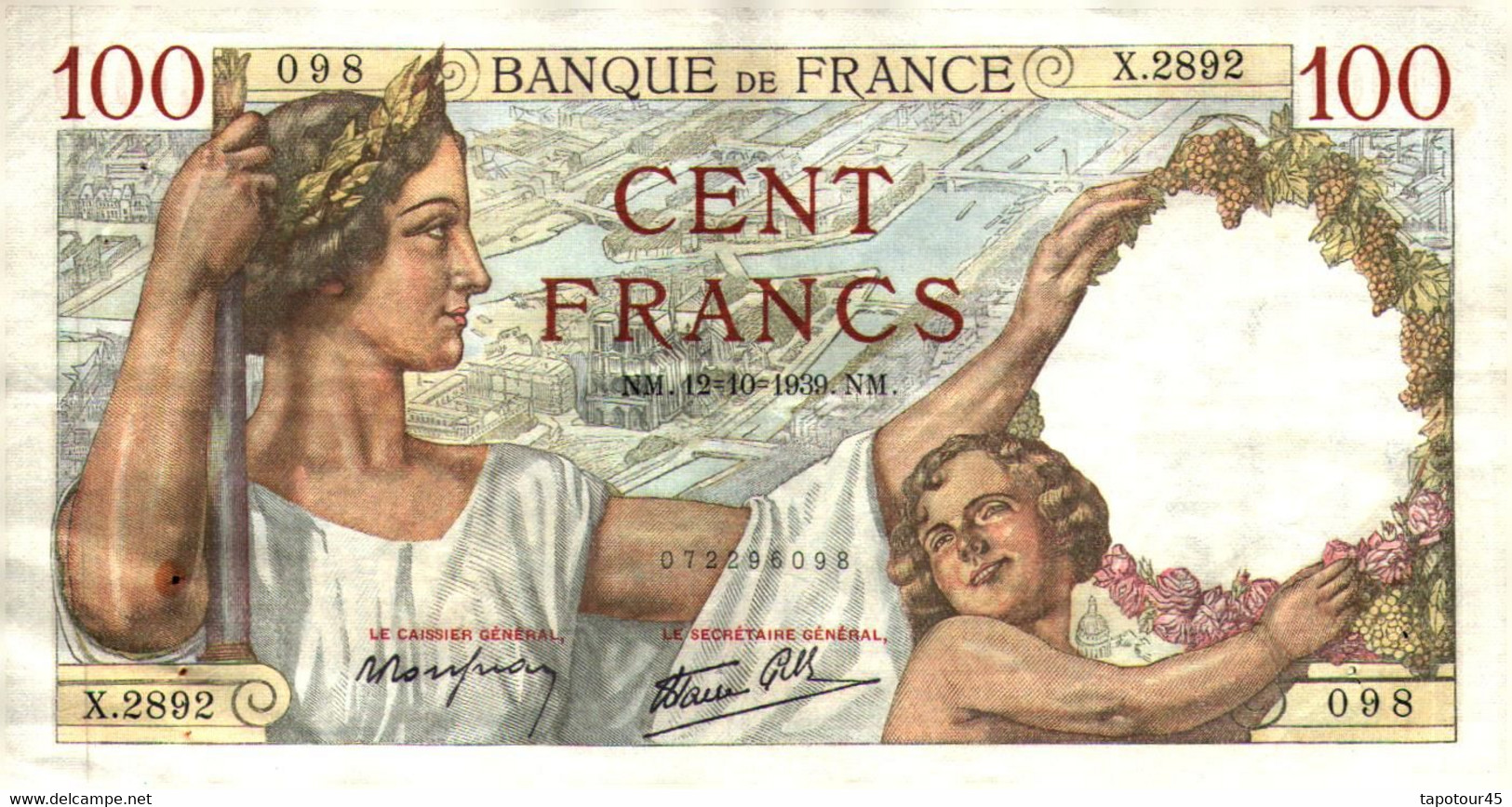 Billets  > France 100 Francs  >   ''Sully  1940"    >  5 billets  (peux servis) voir les numéros ci-dessous