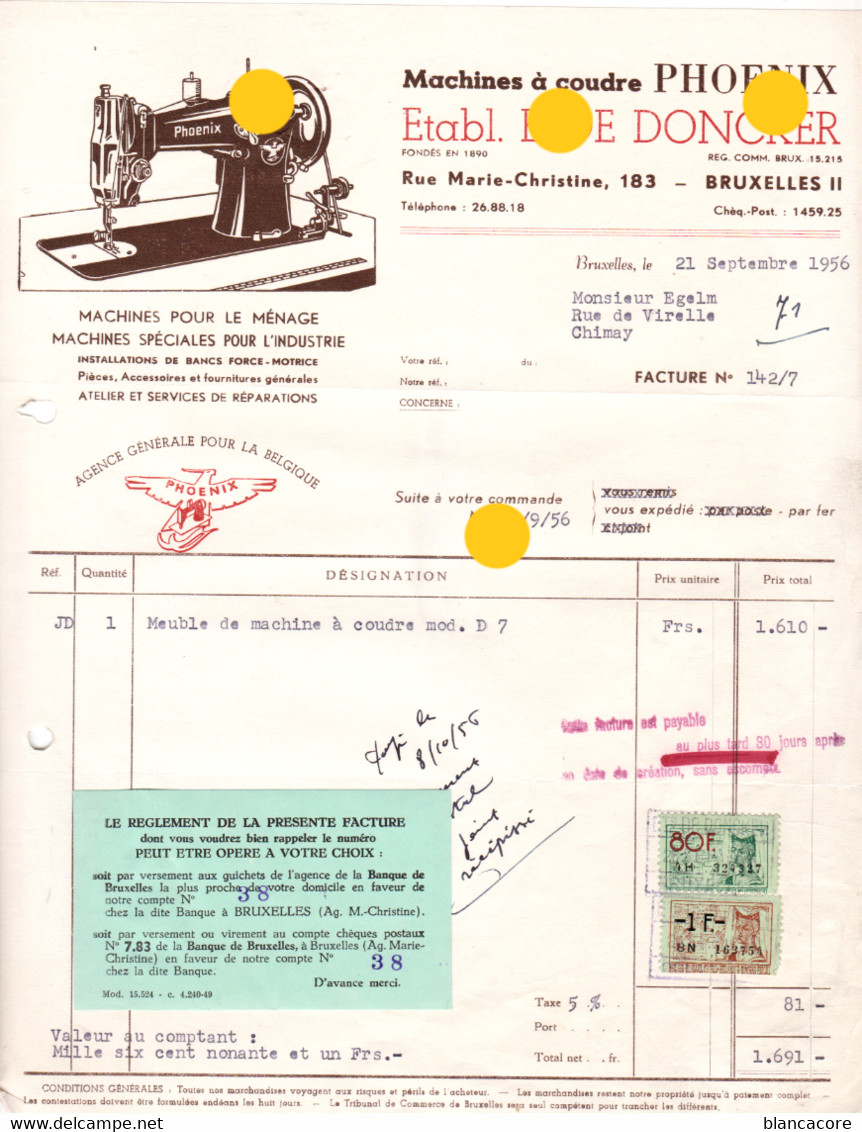 Ets DE DONCKER Rue Marie-Christine Laeken Bruxelles Machines à Coudre PHOENIX 1956 - Kleding & Textiel