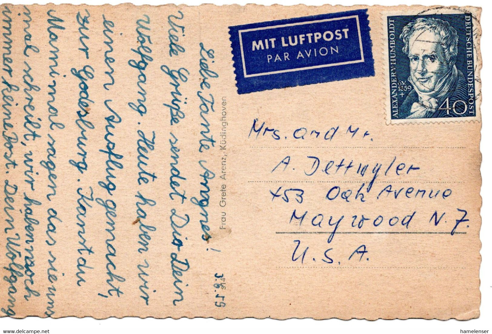 58545 - Bund - 1959 - 40Pfg Humboldt EF A LpAnsKte BONN ... -> Maywood, NJ (USA) - Briefe U. Dokumente