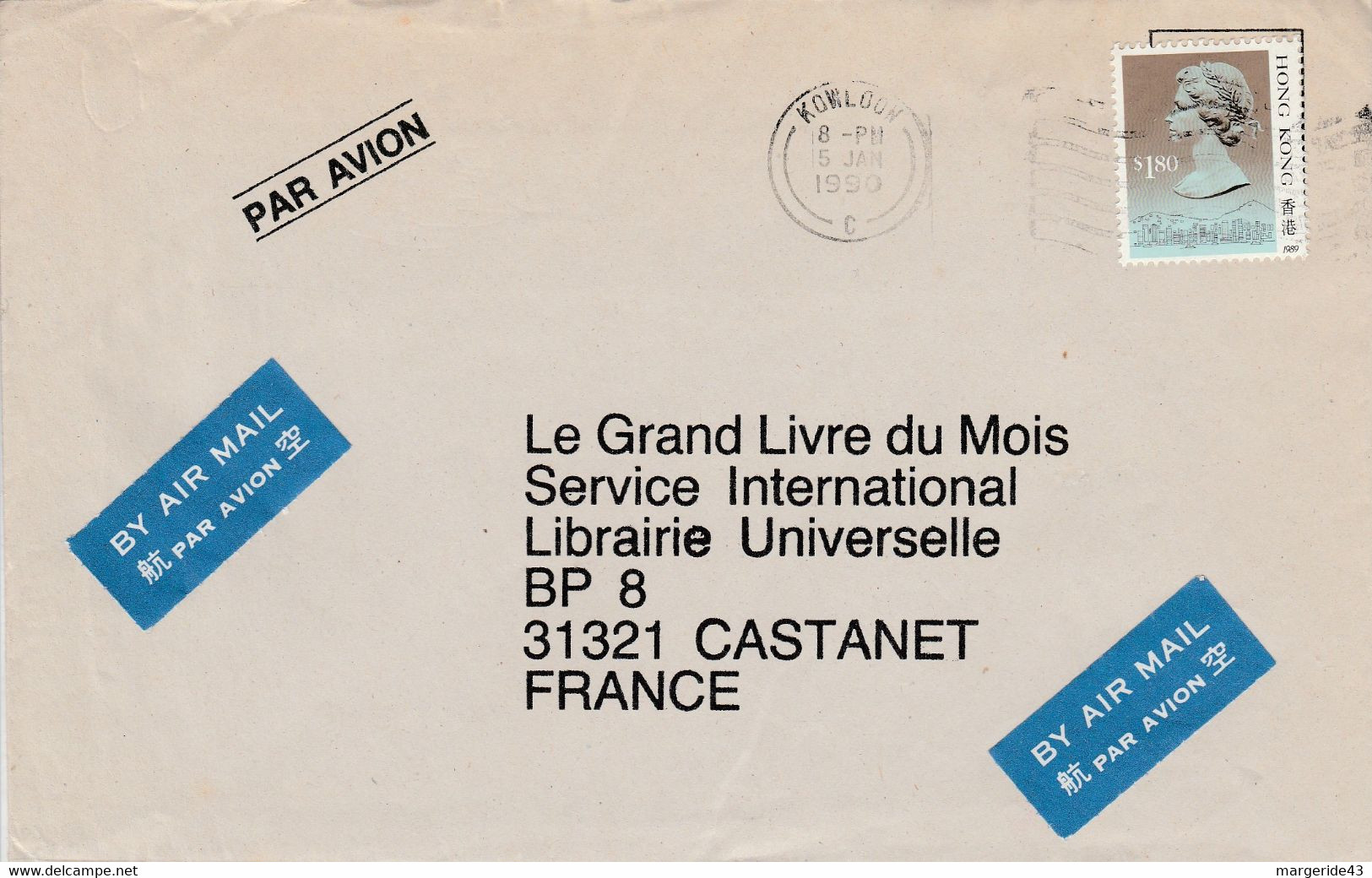 HONG KONG SEUL SUR LETTRE POUR LA FRANCE 1990 - Covers & Documents