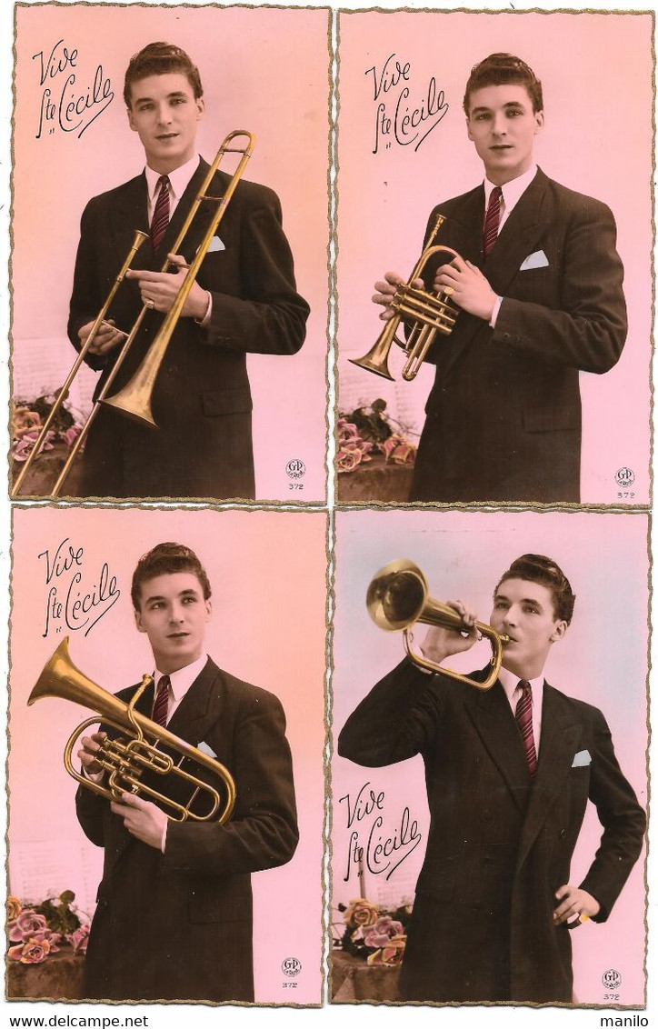 4 Cartes JEUNE HOMME Jouant Des CUIVRES -Instruments à Vent - TROMBONE CLAIRON SAXHORN CORNET à PISTON - Ste CECILE - Muziekinstrumenten