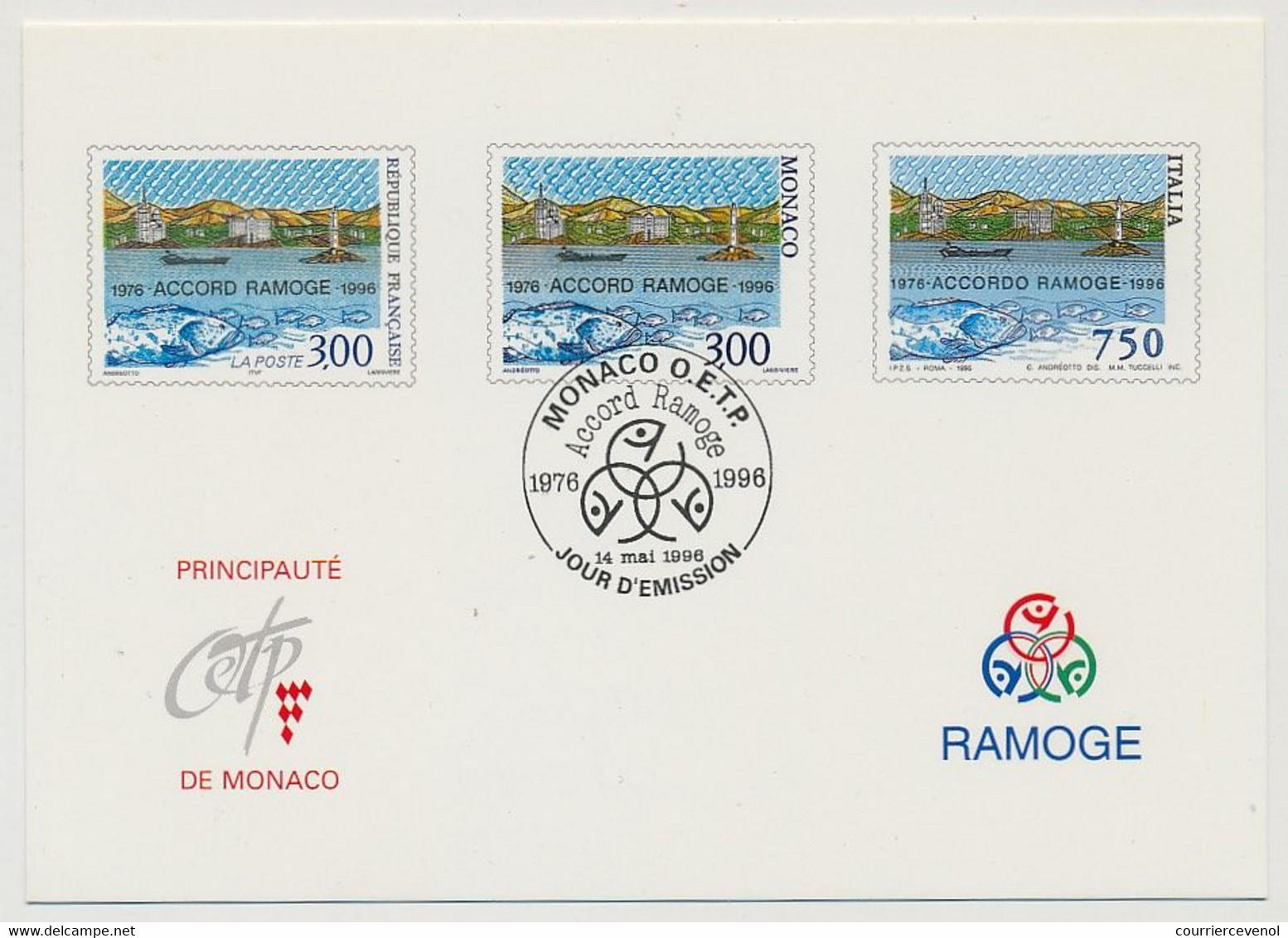 MONACO => Carton Pub. Office Des émissions De TP - Timbres RAMOGE Imprimée, Simili Entier, Obl PJ 14 Mai 1996 - Postal Stationery