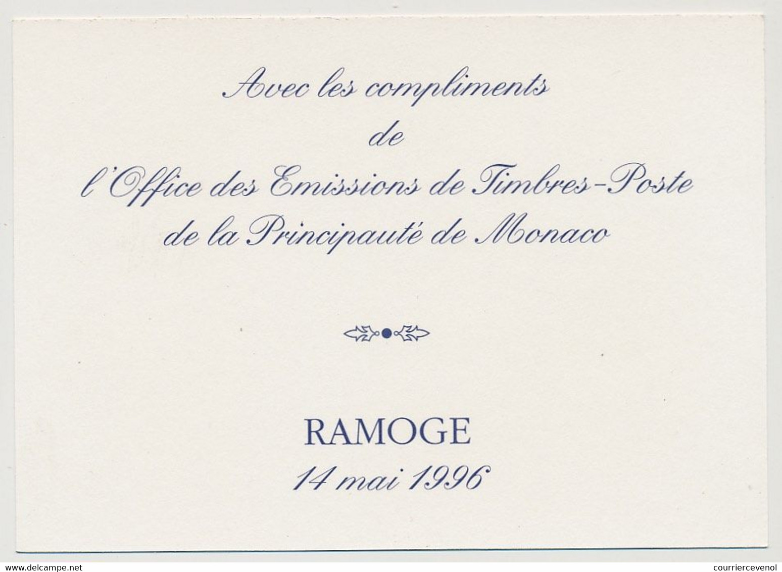 MONACO => Carton Pub. Office Des émissions De TP - Timbres RAMOGE Imprimée, Simili Entier, Obl PJ 14 Mai 1996 - Entiers Postaux