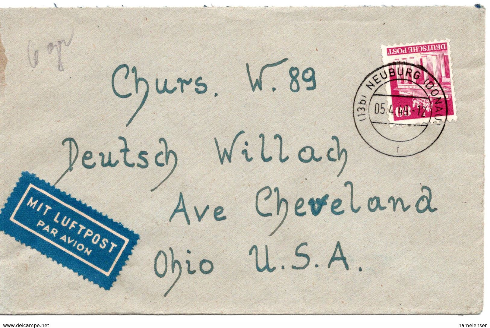 58562 - Bizone - 1949 - 80Pfg Bauten EF A LpBf NEUBURG -> Cleveland, OH (USA) - Sonstige & Ohne Zuordnung