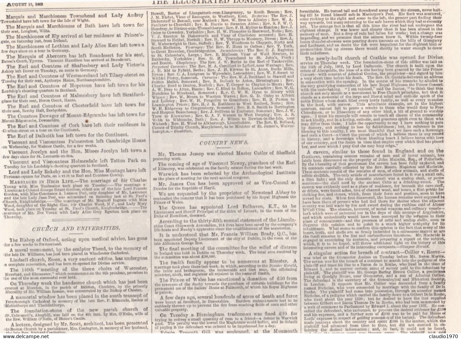 THE ILLUSTRATED LONDON NEWS  - RITAGLIO - STAMPA - LORD PALMERSTON LAYNG THE FOUNDATION-STONE FOR THE ENLARGEMENT - Unclassified