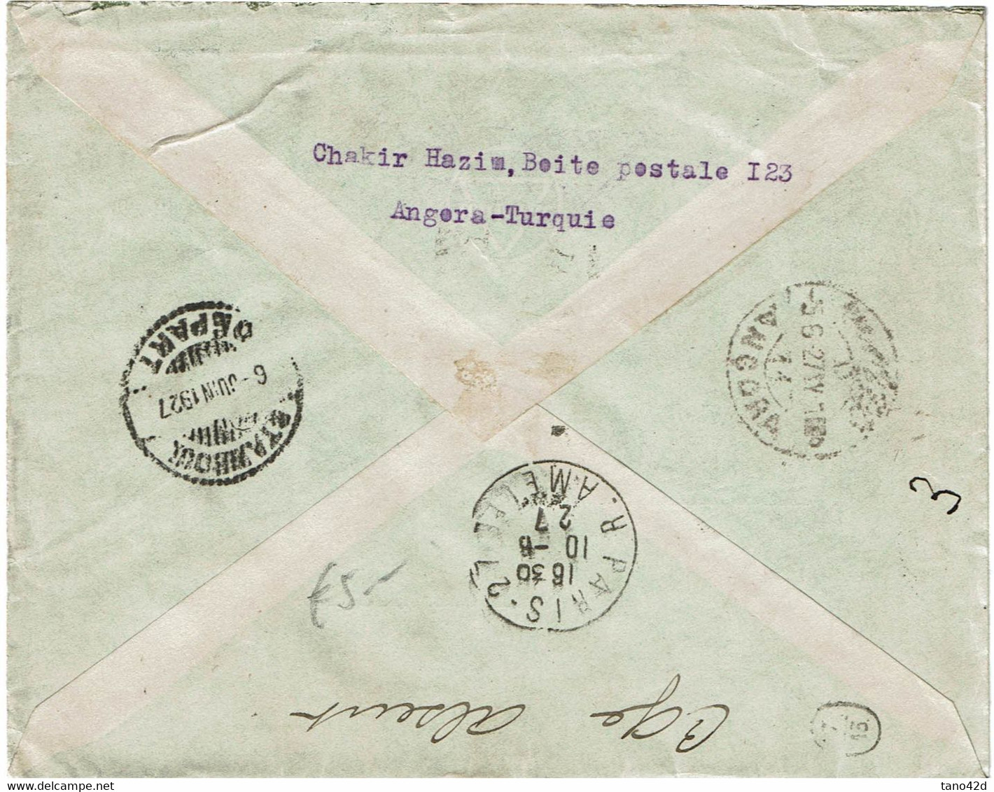 CTN80/D - TURQUIE LETTRE RECOMMANDEE ANGORA / PARIS 5/6/1927 - Lettres & Documents