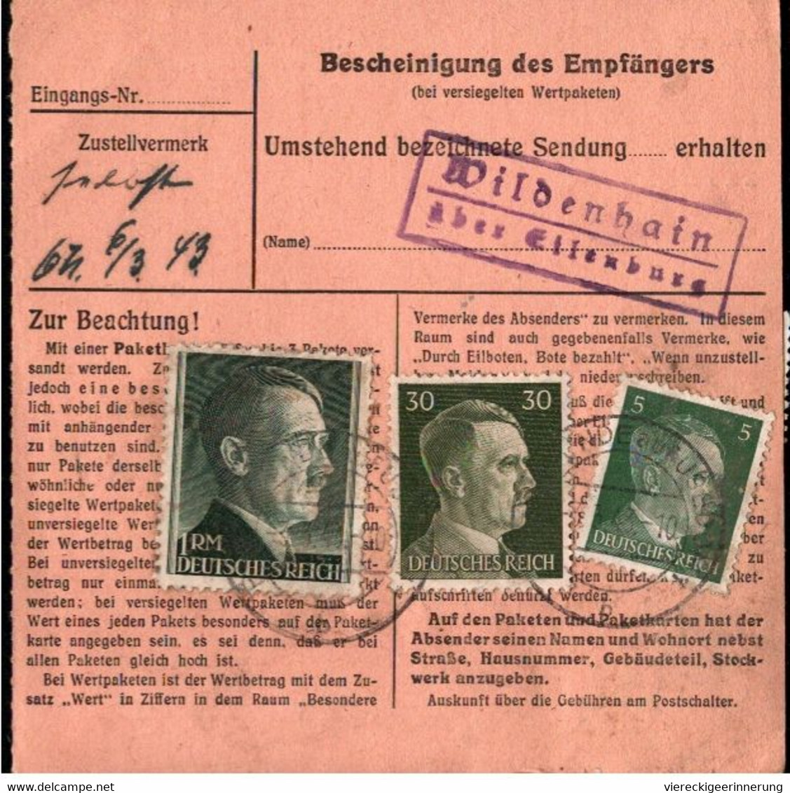 ! 1943 Paketkarte Deutsches Reich Aus Peenemünde Nach Wildenhain über Eilenburg, Landpoststempel, 3. Reich, Usedom - Covers & Documents