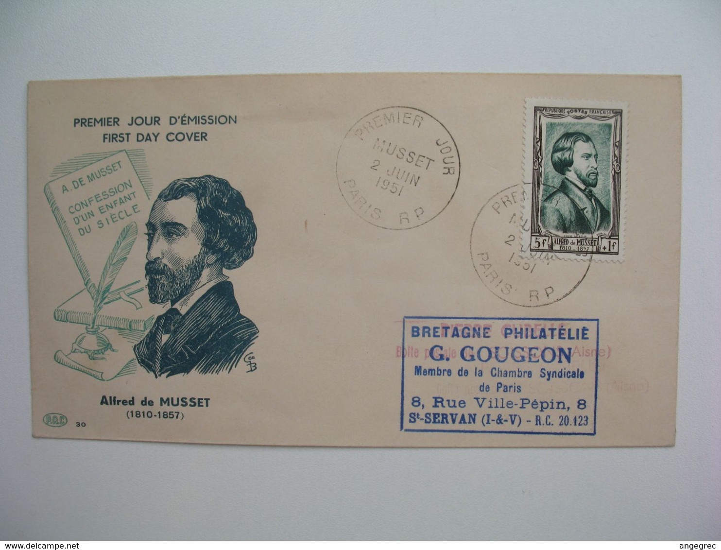 FDC France 2/6/1951  N° 891  Célébrités Du XIX ème Siècle Alfred De Musset  Cachet  Musset Paris RP - 1950-1959