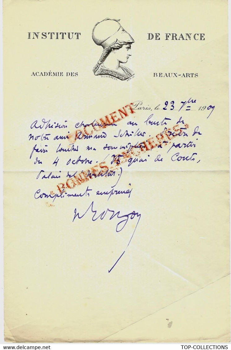 1909 INSTITUT DE France ACADEMIE DES SCIENCES Henry ROUJON Autographe CONCERNE ARMAND SCHILLER - Other & Unclassified