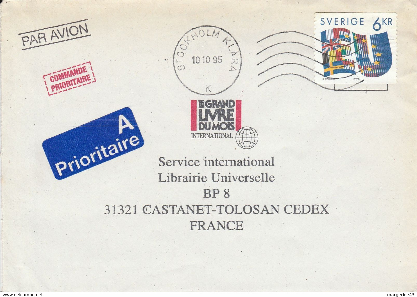 SUEDE SEUL SUR LETTRE POUR LA FRANCE 1995 - Lettres & Documents