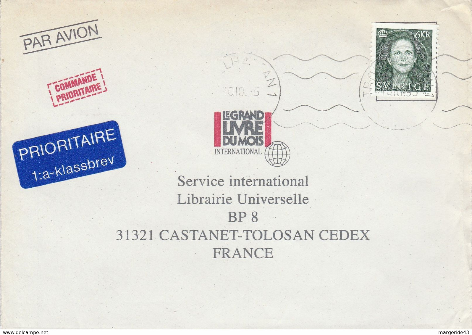 SUEDE SEUL SUR LETTRE POUR LA FRANCE 1995 - Cartas & Documentos