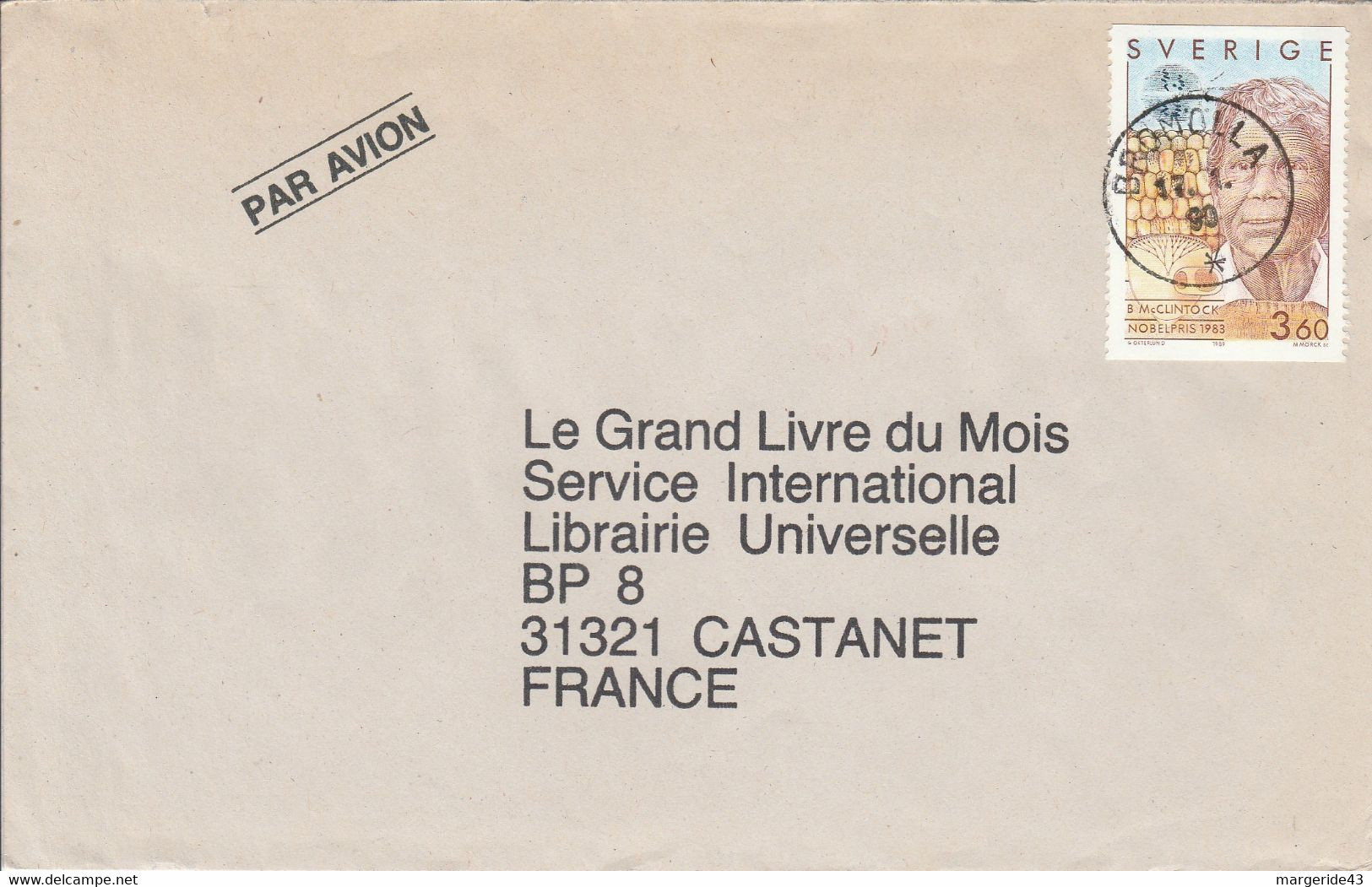 SUEDE SEUL SUR LETTRE POUR LA FRANCE 1990 - Briefe U. Dokumente