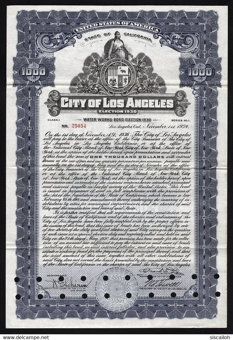 1934 California: City Of Los Angeles - Water Works Bond, Election 1930 - Agua