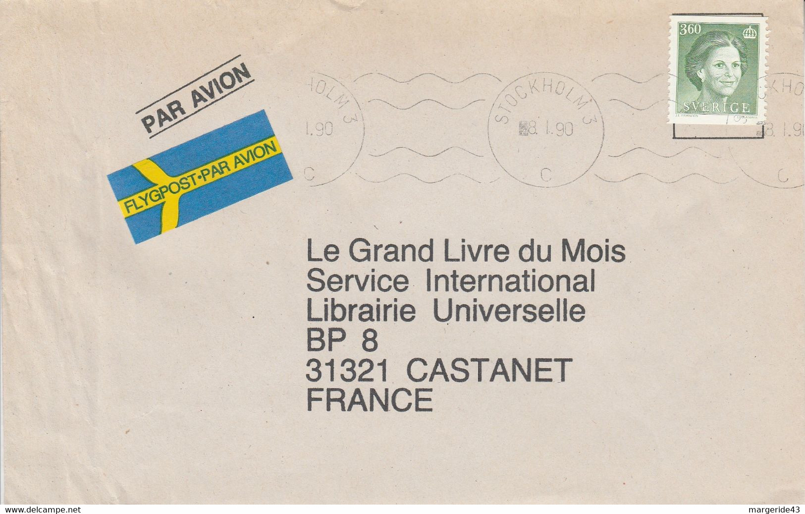 SUEDE SEUL SUR LETTRE POUR LA FRANCE 1990 - Briefe U. Dokumente