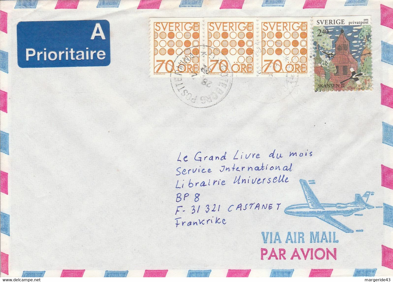 SUEDE AFFRANCHISSEMENT COMPOSE SUR LETTRE AVION POUR LA FRANCE 1992 - Cartas & Documentos