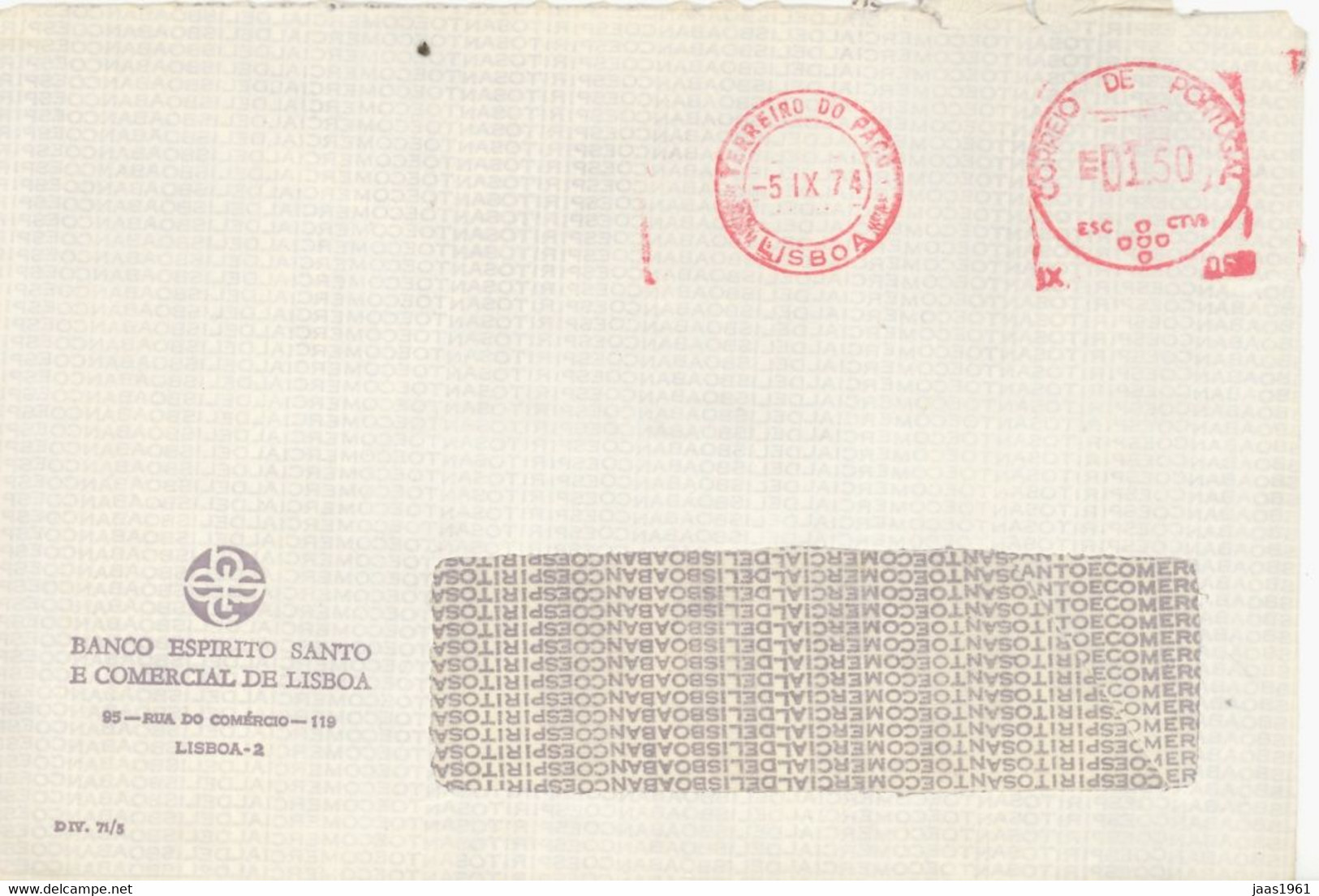 PORTUGAL. METER SLOGAN. BANCO ESPIRITO SANTO E COMERCIAL. BANK. LISBOA. 1974 - Maschinenstempel (EMA)