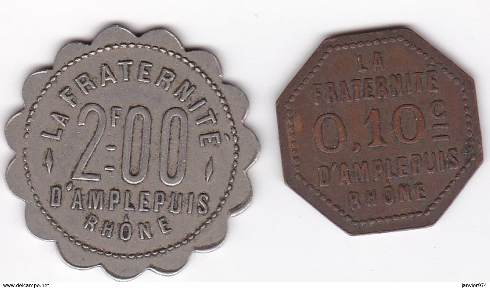 69. Rhône. Amplepuis . La Fraternité. Société Coopérative 10 Centimes Et 2 Francs, 2 Jetons - Monetary / Of Necessity