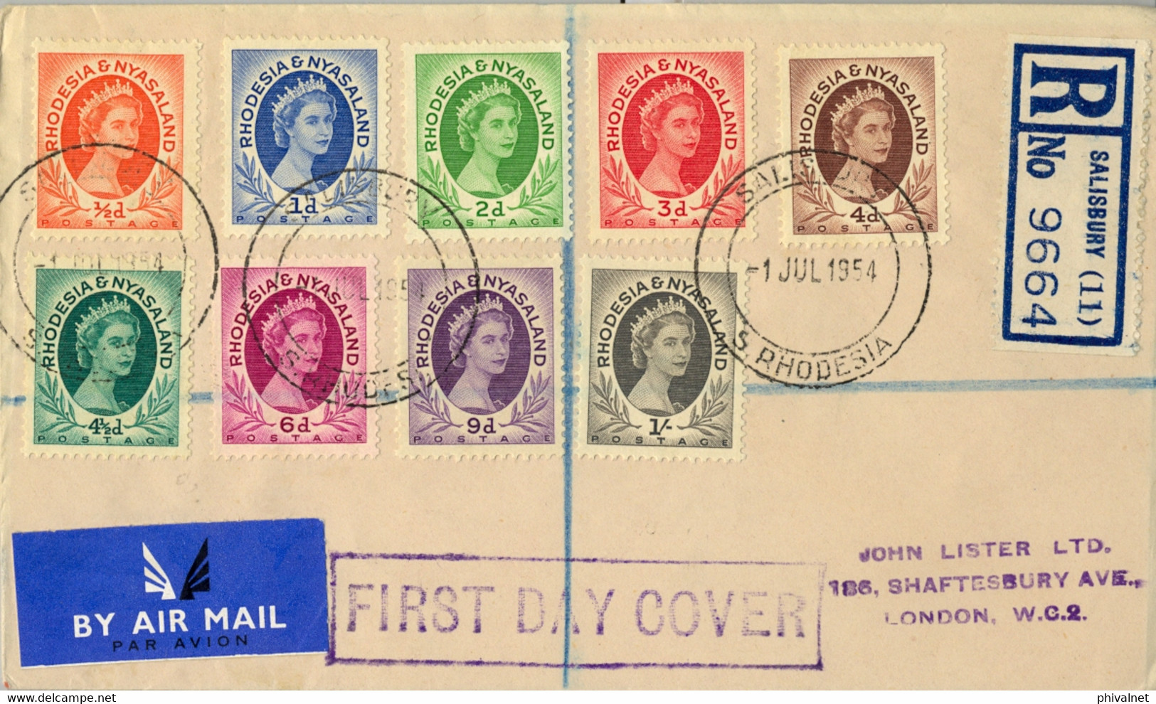 1954 RHODESIA & NYASALAND , SOBRE DE PRIMER DIA CERTIFICADO , SALISBURY , CORREO AÉREO , QUEEN ELIZABETH II - Rhodesia & Nyasaland (1954-1963)