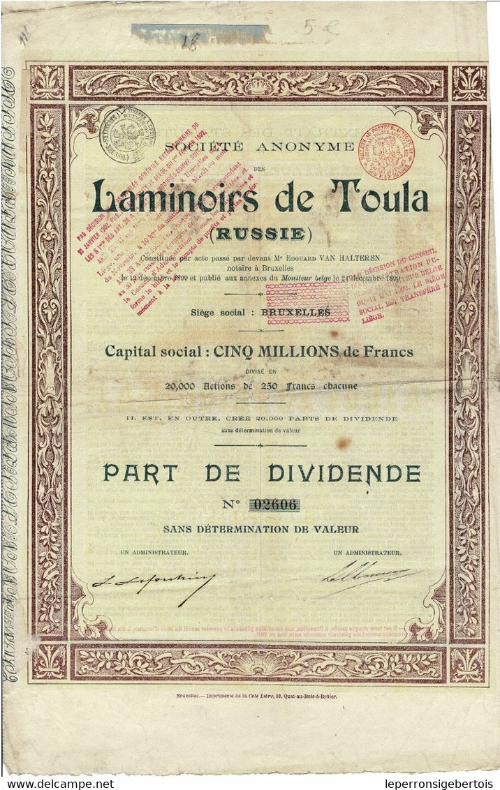 Titre De 1899 - Société Anonyme Des Laminoirs De Toula - Russie - Russland