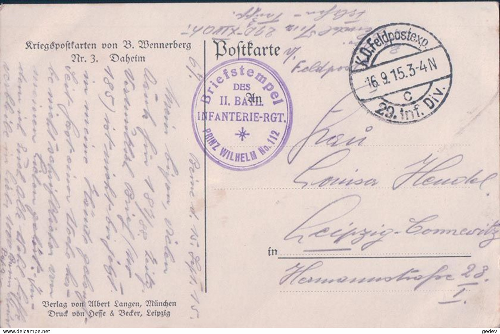 B. Wennerberg Illustrateur, Guerre 14-18, Daheim, Cachet Feldpostexp. 16.9.1915, Cachet Censure (3) - Wennerberg, B.