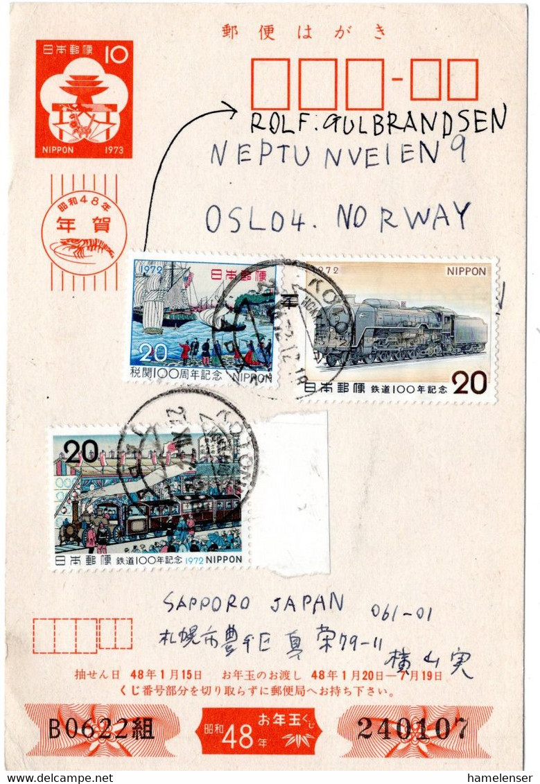 58617 - Japan - 1972 - ¥10 Neujahrs-GAKte "1973" M ZusFrankatur KOTONI HOKKAIDO -> Norwegen - Covers & Documents