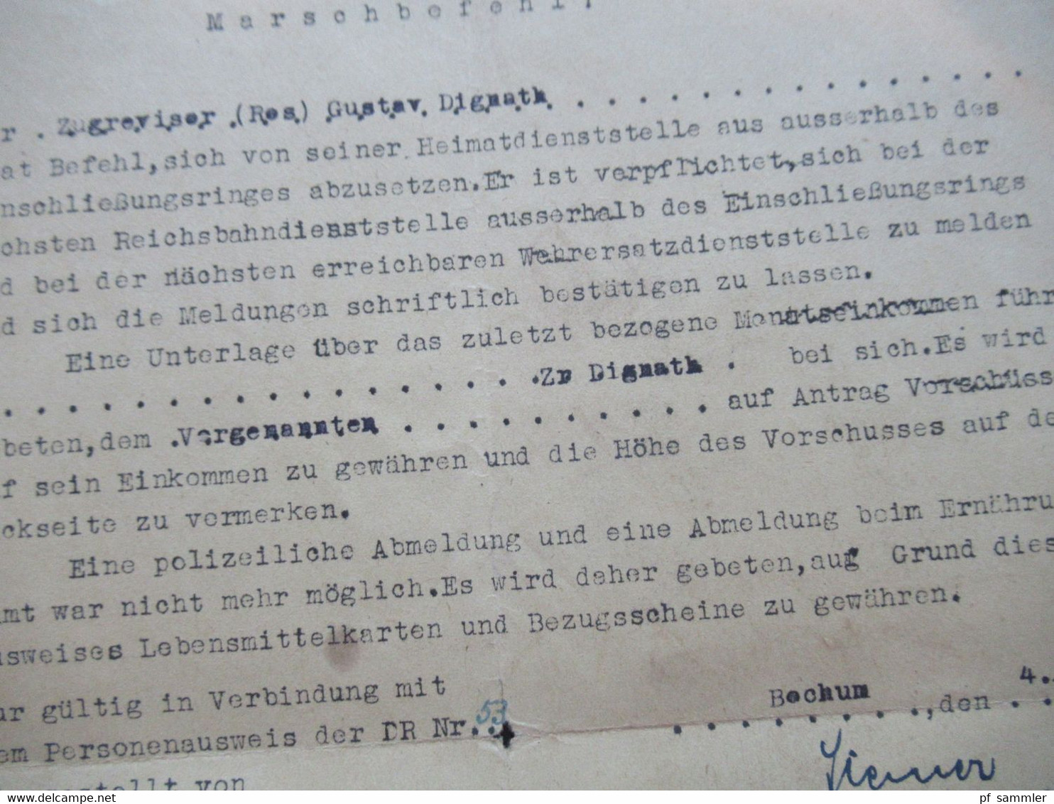 3.Reich 4.4.1945 Kurz Vor Ende Des 2.WK Dokument Marschbefehl Zugrevisor Dienststempel Reichsbahn Verkehrsamt Bochum - 1939-45