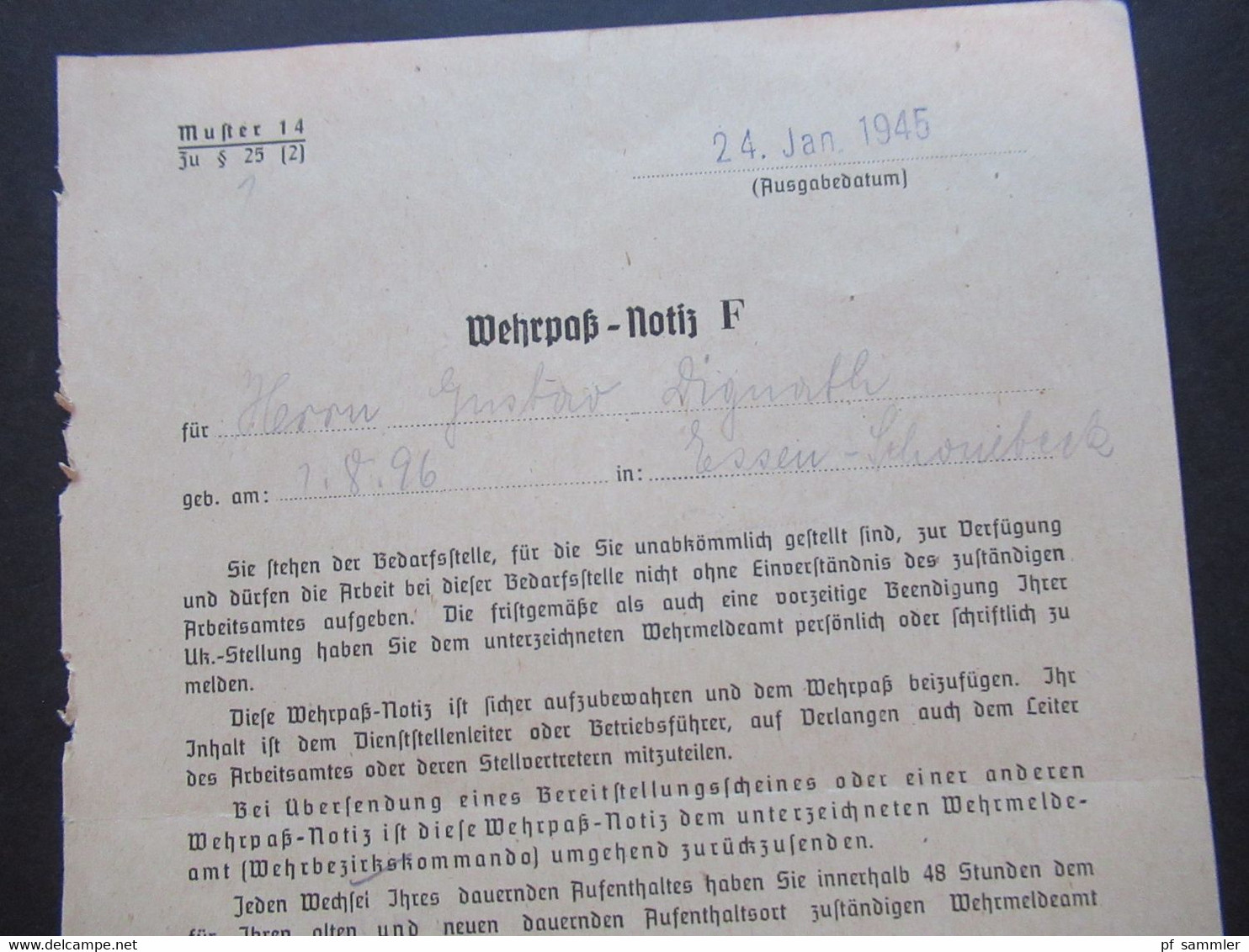 3.Reich 24.1.1945 Muster 14 Wehrpaß Notiz F Wehrmeldeamt Bochum Feldpost 2.WK - 1939-45