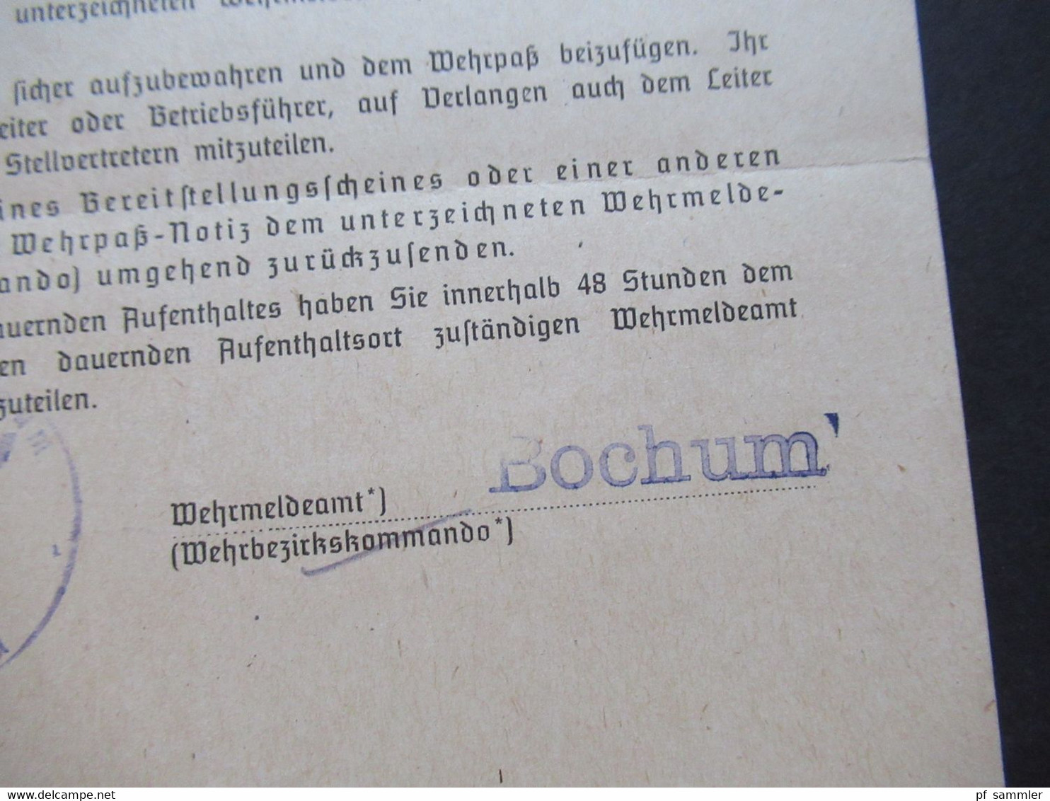 3.Reich 24.1.1945 Muster 14 Wehrpaß Notiz F Wehrmeldeamt Bochum Feldpost 2.WK - 1939-45