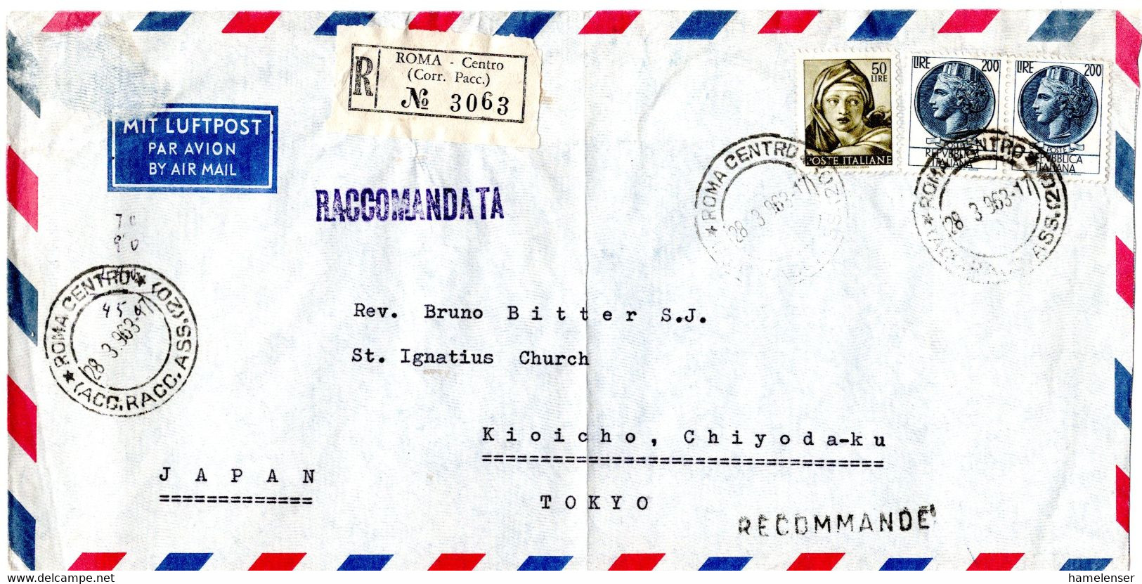 L58643 - Italien - 1963 - 2@200L MiF A R-LpBf ROMA -> TOKYO (Japan), Senk Mittelbug (Marken OK) - 1961-70: Gebraucht