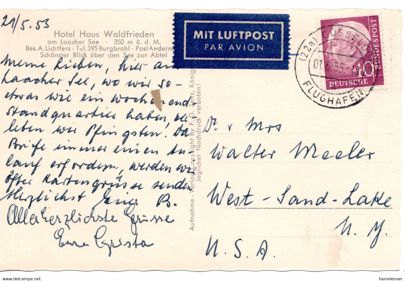 58656 - Bund - 1955 - 40Pfg Heuss I MiF A LpAnsKte DUESSELDORF FLUGHAFEN -> West Sand Lake, NY (USA) - Cartas & Documentos