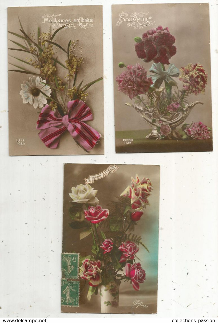 Cp, Fleurs , 1 Voyagée , 2 écrites 1917 , LOT DE 3 CARTES POSTALES - Fleurs