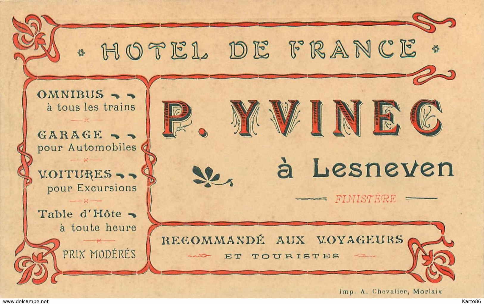 Lesneven * Hôtel De France P. YVINEC * Carte De Visite Ancienne Illustrée - Lesneven