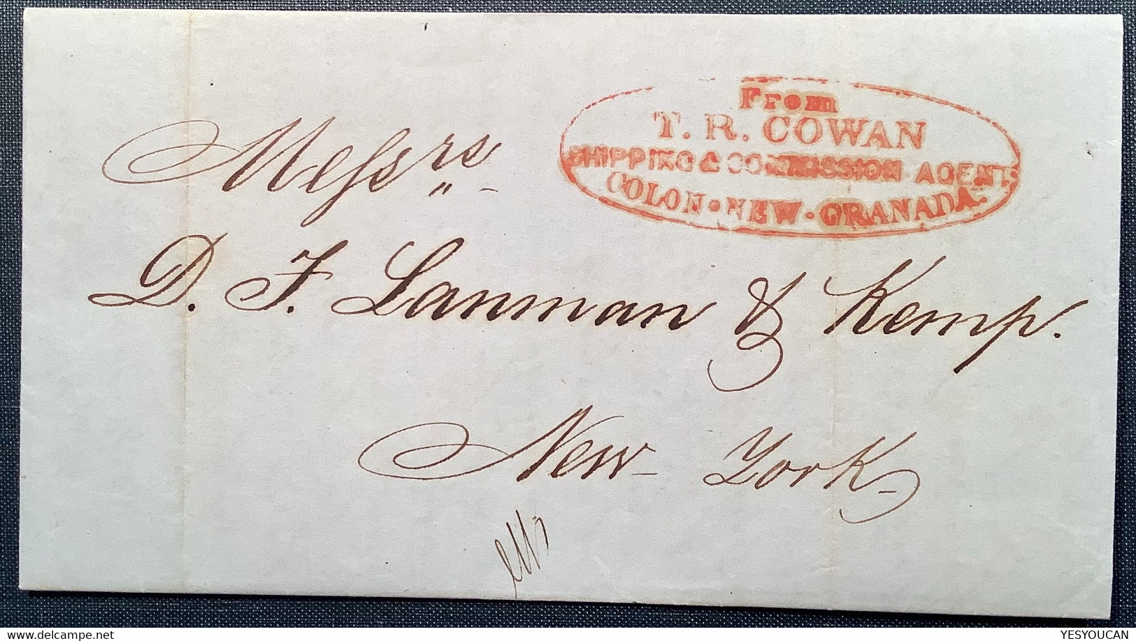 1859 RARE FORWARDED "T.R.COWAN COLON NEW GRANADA" (Panama)entire Carthagena Colombia>New York USA (forwarder Cover - Panama